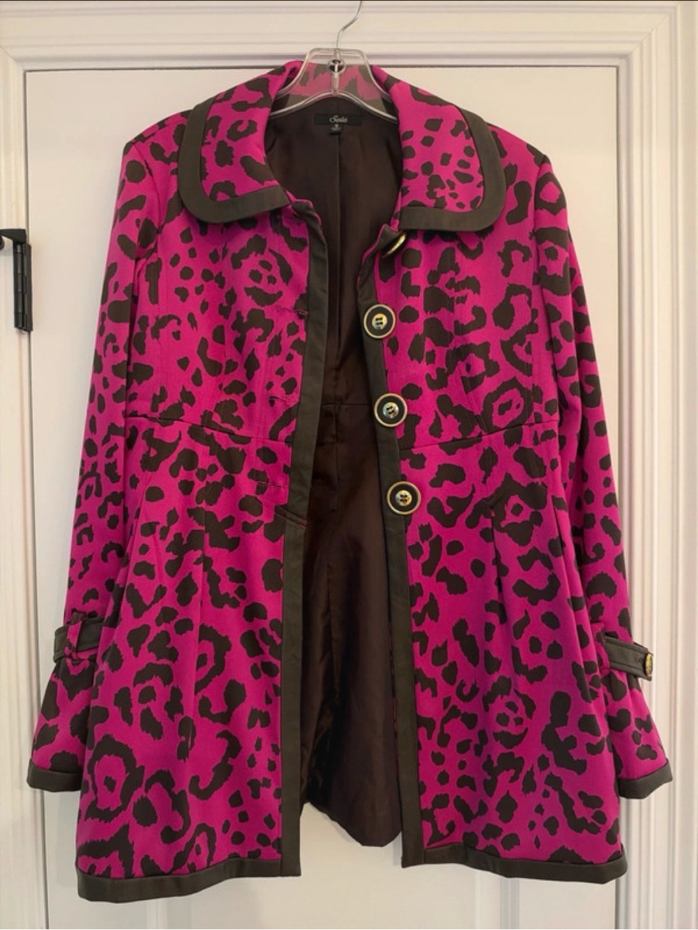 Women's Hot Pink Leopard-Print Trench Coat with Brown Trim